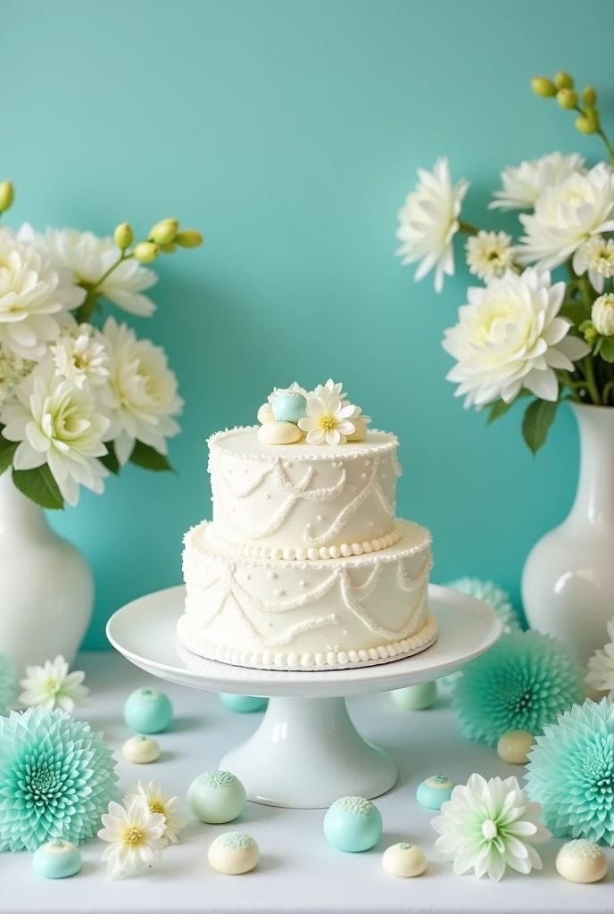 create a christening table with a white 2-tier cake , white flowers and turquoise flowers inside white vases , white chocolates inside flower molds in different shades of turquoise