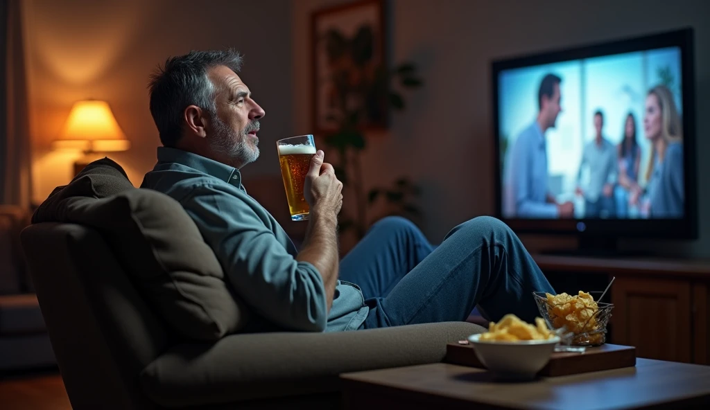POV man watching TV with a beer in his hand and chips on the table