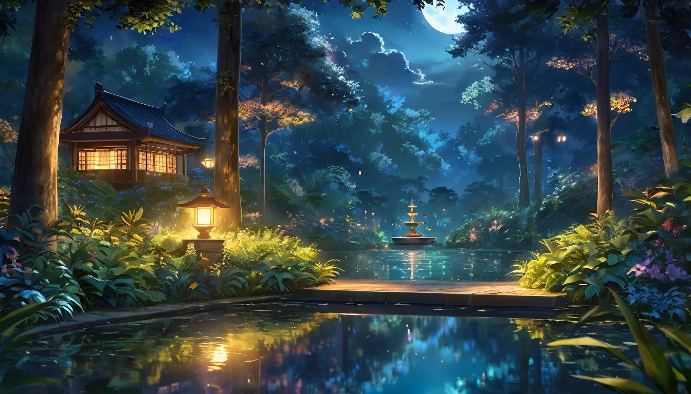 Beautiful anime scenery, Small forest fountain at night, Glowing Firefly, Magical Moonlight, Serene atmosphere, Lush greenery, Detailed leaves, Calm water, Surface Reflection, Fantastic lighting, Vibrant colors, Painterly style, (Highest quality,8k,High resolution,masterpiece:1.2),Very detailed,(Realistic,photoRealistic,photo-Realistic:1.37),Intricate details,Structure of the film,Dramatic Shadows,Warm color palette
