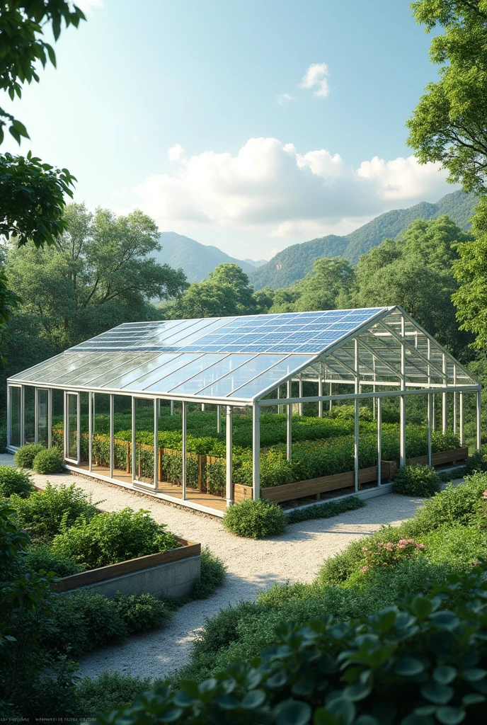 Show me a greenhouse solution design with solar panels and internet, multifunctional, with animal stables and internet antennas