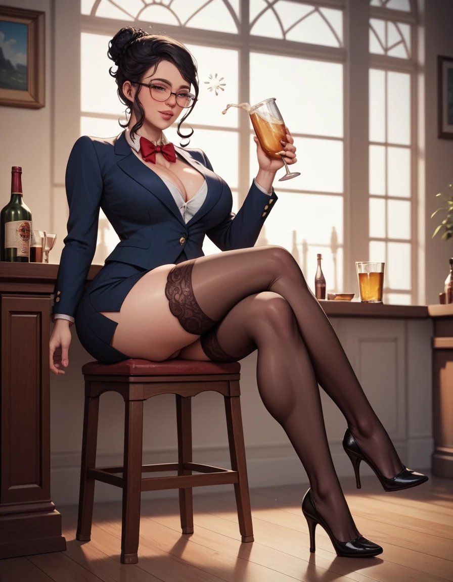 8k unified CG wallpaper (best quality : 1.4), High-definition RAW color photos, extremely detailed, highly detailed, professional photography, realistic portrait, cinematic lighting, beautiful details, best quality high quality, masterpiece, high quality shadow Beautiful woman, (((SITTING, LEGS OPEN))), short black hair up, 1 bun high on the back, VERY SHORT, MESSY, BROKEN, UNCOILED, CURLY black hair, glasses, (voluptuous body, :1.2), big breasts, THICK LEGS (stockings :1.2), high heels, glasses, look at (((she's drunk))) WALK INTO THE BEDROOM TAKING OFF HER SKIRT front view, frontal view, beautiful drunk woman with drink in hand