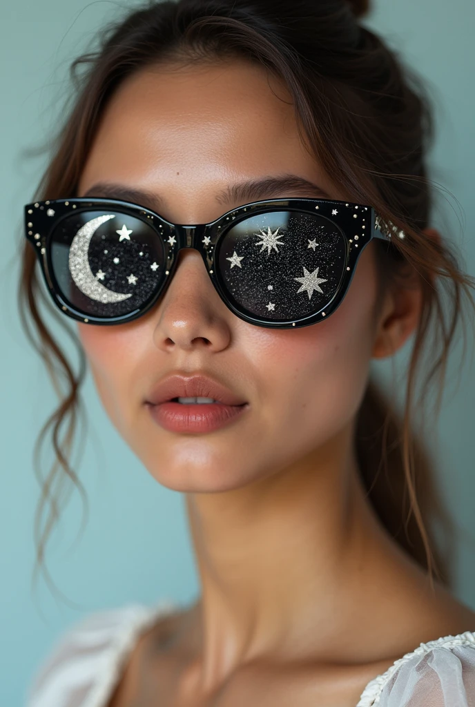 The model is wearing glass sunglasses with stars and the moon on the glass