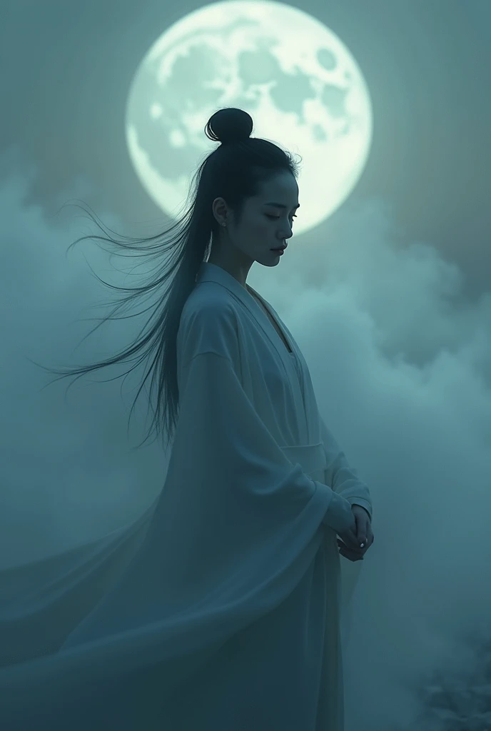 A (((masterpiece))) with exquisite ((best quality)) and attention to detail, depicting a (((Taoist with intricate details))), whose feminine form is (((detailed and distinctively drawn)), with her ((upper body)) enveloped in a ((softly swirling fog)), as if creating a ((dynamic, midair silhouette)), poised against a backdrop of a ((dusk-gray sky)) that blends into a (deep, midnight blue) on the horizon. A ((palely glowing full moon)) adds a serene touch to the scene, further highlighting the (mysterious and ethereal atmosphere). Natural lighting, (direct light:0.4), (insanely detailed, bloom:1.5), (highest quality, Alessandro Casagrande, Greg Rutkowski, Sally Mann, concept art, 4k), (analog:1.2), (high sharpness), (detailed pupils:1.1), detailed face and eyes, Masterpiece, best quality, (highly detailed photo:1.1), photographed by Canon EOS R6, 135mm, 1/1250s, f/2.8, ISO 400, Realistic, 8k, ((masterpiece)), looking at the viewer, (detailed), detailed face, white skin,