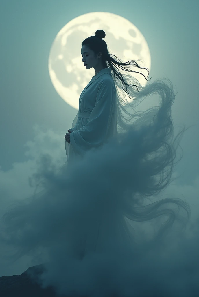 A (((masterpiece))) with exquisite ((best quality)) and attention to detail, depicting a (((Taoist with intricate details))), whose feminine form is (((detailed and distinctively drawn)), with her ((upper body)) enveloped in a ((softly swirling fog)), as if creating a ((dynamic, midair silhouette)), poised against a backdrop of a ((dusk-gray sky)) that blends into a (deep, midnight blue) on the horizon. A ((palely glowing full moon)) adds a serene touch to the scene, further highlighting the (mysterious and ethereal atmosphere). Natural lighting, (direct light:0.4), (insanely detailed, bloom:1.5), (highest quality, Alessandro Casagrande, Greg Rutkowski, Sally Mann, concept art, 4k), (analog:1.2), (high sharpness), (detailed pupils:1.1), detailed face and eyes, Masterpiece, best quality, (highly detailed photo:1.1), photographed by Canon EOS R6, 135mm, 1/1250s, f/2.8, ISO 400, Realistic, 8k, ((masterpiece)), looking at the viewer, (detailed), detailed face, white skin,