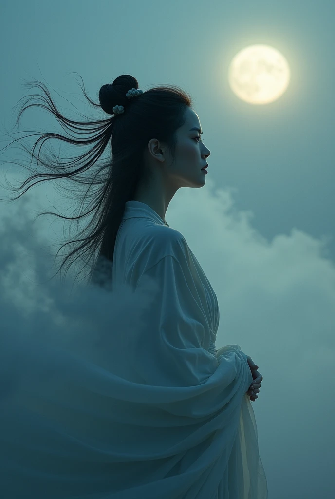 A (((masterpiece))) with exquisite ((best quality)) and attention to detail, depicting a (((Taoist with intricate details))), whose feminine form is (((detailed and distinctively drawn)), with her ((upper body)) enveloped in a ((softly swirling fog)), as if creating a ((dynamic, midair silhouette)), poised against a backdrop of a ((dusk-gray sky)) that blends into a (deep, midnight blue) on the horizon. A ((palely glowing full moon)) adds a serene touch to the scene, further highlighting the (mysterious and ethereal atmosphere). Natural lighting, (direct light:0.4), (insanely detailed, bloom:1.5), (highest quality, Alessandro Casagrande, Greg Rutkowski, Sally Mann, concept art, 4k), (analog:1.2), (high sharpness), (detailed pupils:1.1), detailed face and eyes, Masterpiece, best quality, (highly detailed photo:1.1), photographed by Canon EOS R6, 135mm, 1/1250s, f/2.8, ISO 400, Realistic, 8k, ((masterpiece)), looking at the viewer, (detailed), detailed face, white skin,