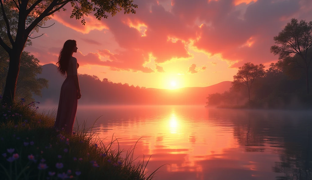 A beautiful sunrise over a lake, with the silhouette of a woman standing by the water’s edge, looking ahead. The entire scene is bathed in an aura of calm and hope, showing that every end brings a new beginning.style:3d pixar animation