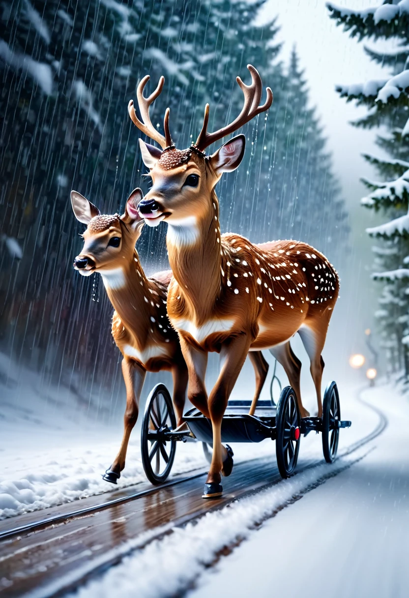 long exposure photorealistic image of a(rain deer pulling a chariot driven by a baby through the snowy way), galloping, happy faces, intricate detailed, motion blur, infinite background blur, snow track trail behind, cinematic motion, dynamic lighting, uhd, 8k. slow shutter speed taken with Fuji Film XT4 f/1.3 ISO 200