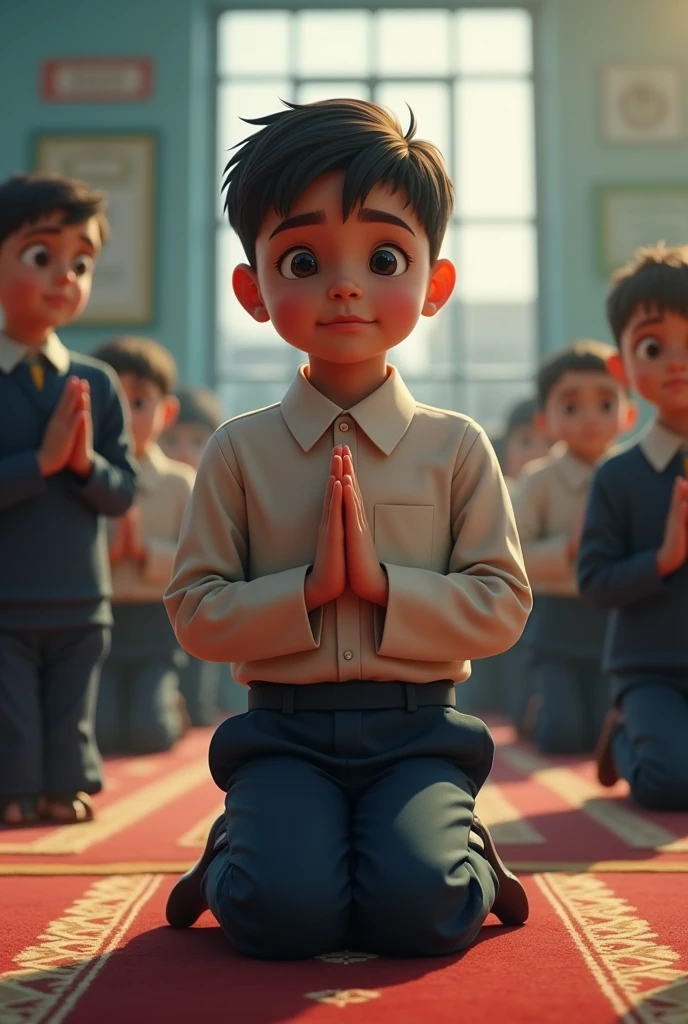 A muslim boy praying namaz in his school in uniform with students 