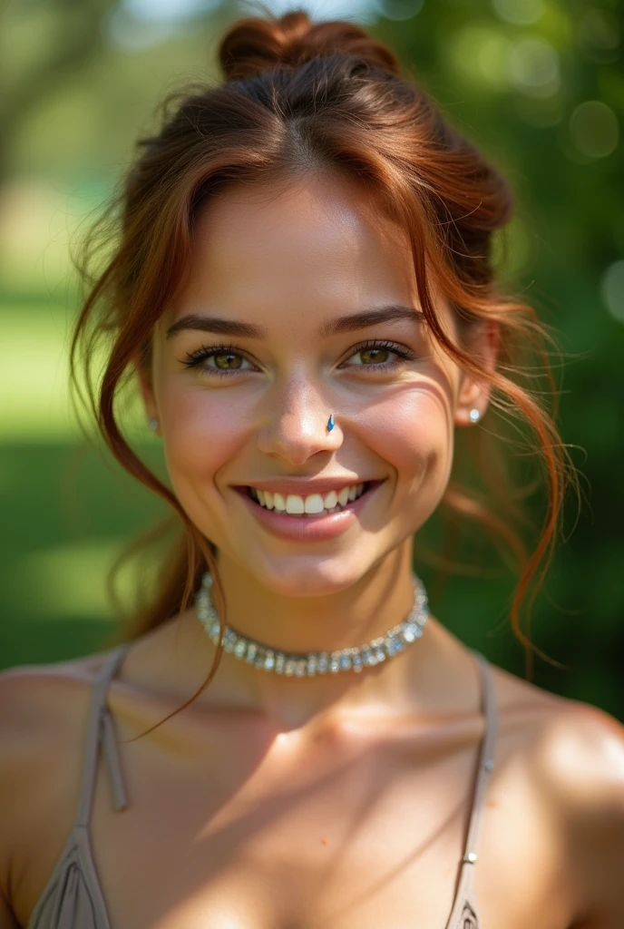 
The image showcases a young woman with a radiant and smooth medium-brown skin tone. Her auburn hair is parted down the middle and styled in a sleek, low-maintenance updo, with two loose tendrils framing her face, giving her a natural and effortless look. She wears a delicate, sparkling choker necklace that adds a touch of elegance and draws attention to her collarbone and neckline. 

Her facial expression is confident and inviting, with a subtle, knowing smile that exudes charm. Her makeup is minimal, allowing her natural beauty to shine through. The nose is adorned with a small, silver nose ring, adding a hint of edginess to her otherwise soft appearance.

The background features lush greenery, suggesting the photo was taken outdoors on a bright, sunny day, which enhances the vibrancy of her skin and the sparkle of her jewelry. The overall atmosphere of the image is warm, inviting, and full of natural beauty.

