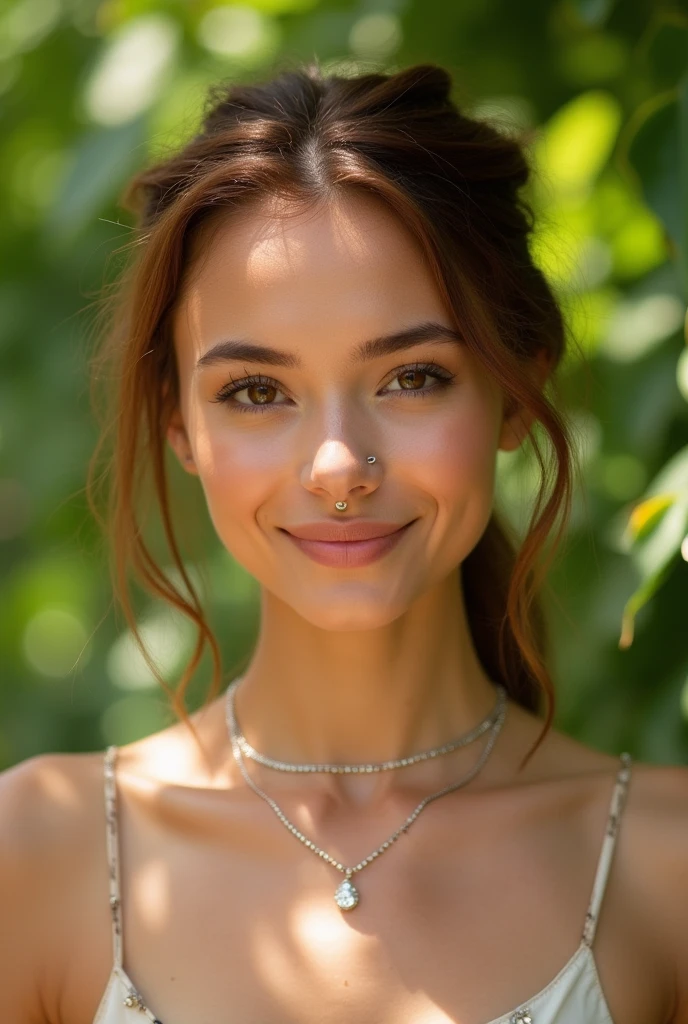 
The image showcases a young woman with a radiant and smooth medium-brown skin tone. Her auburn hair is parted down the middle and styled in a sleek, low-maintenance updo, with two loose tendrils framing her face, giving her a natural and effortless look. She wears a delicate, sparkling choker necklace that adds a touch of elegance and draws attention to her collarbone and neckline. 

Her facial expression is confident and inviting, with a subtle, knowing smile that exudes charm. Her makeup is minimal, allowing her natural beauty to shine through. The nose is adorned with a small, silver nose ring, adding a hint of edginess to her otherwise soft appearance.

The background features lush greenery, suggesting the photo was taken outdoors on a bright, sunny day, which enhances the vibrancy of her skin and the sparkle of her jewelry. The overall atmosphere of the image is warm, inviting, and full of natural beauty.

