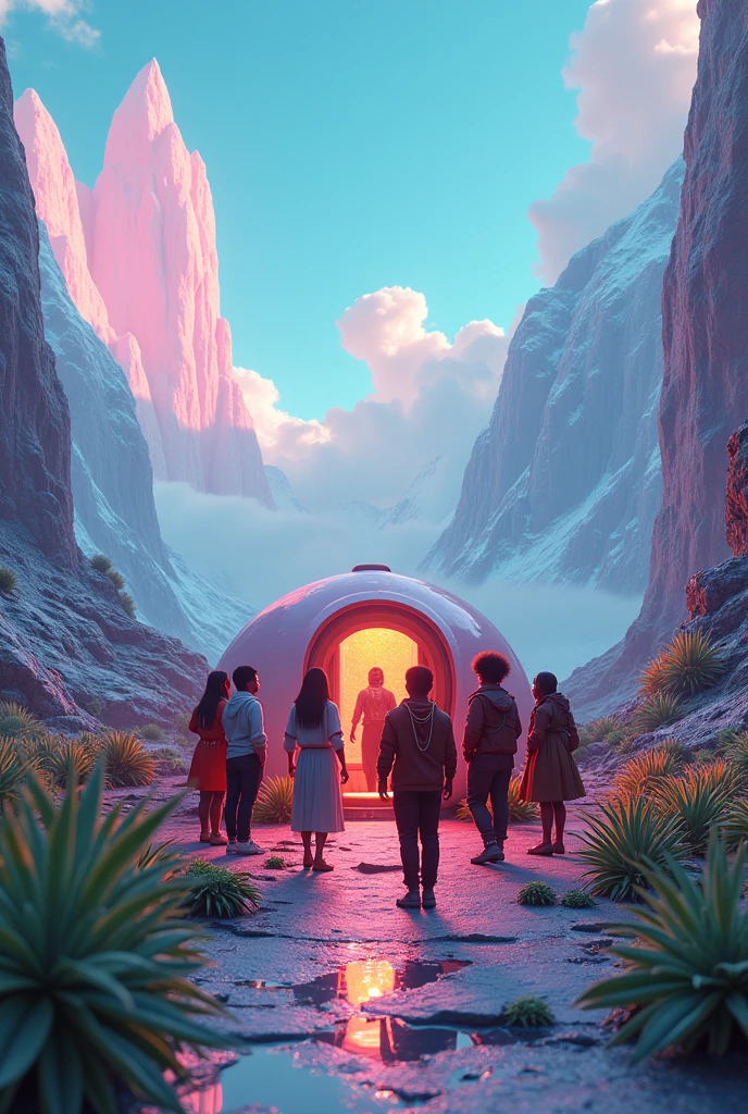 Design a 3d artwork for the book driptape.                                                                                                                                                                 
 As the light fades, the crew finds themselves in a new world—a world of lush landscapes, towering mountains, and skies filled with strange, shimmering lights. The air is different here—thicker, charged with energy that seems to vibrate through their very souls. The UAP descends, landing gently on a vast, open plain surrounded by towering ice peaks.
Kush Killa (smiling as he unstraps himself, turning to the crew):
"Welcome to the other side. The world beyond the ice wall. This is where your real journey begins."
Everybody steps out of the UAP, their feet touching the ground of this new world for the first time. They look around, taking in the breathtaking beauty and the strange, alien landscape that stretches out before them. They know that they’re not just in a different place—they’re in a different reality, one where the rules of their old world no longer apply.


The predominantly african american crew stare at this new reality beyond the ice wall. Cannabis plants grow to the sky, the colors seem beyond the light spectrum and it feels like energy flows through them. Cashmere lights up a blunt and hugs Misha as they look with amazement their necklaces sparkling in the aura.
