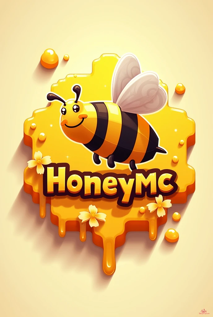 A logo written “HoneyMC” with orage-yellow color and minecraft theme with bee and honey.