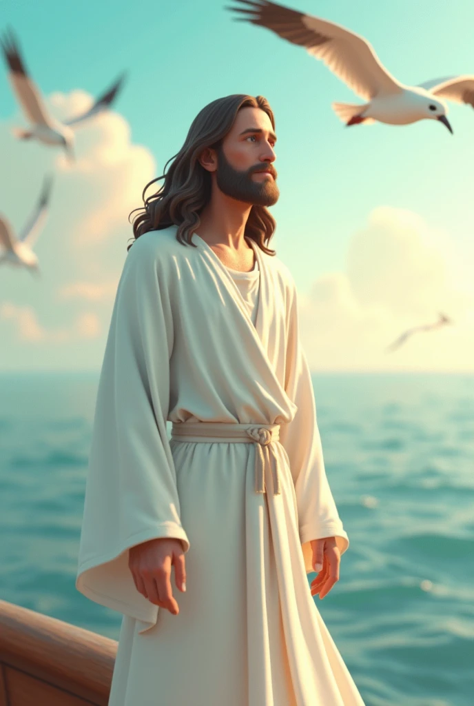 Create an image of Jesus from the biblical story wearing a white dress.
One of about  in a dress.
On a boat at sea with birds flying, um dia ensolarado.
disney pixar style 3d 