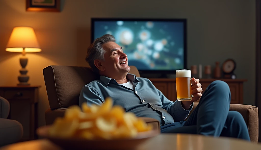 point of view man watching television with a beer in his hand and chips on the table