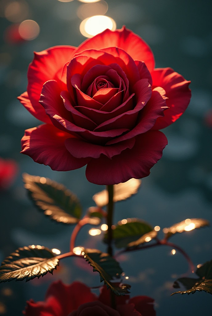 A dramatic red rose in a serene water landscape, 1girl, beautiful detailed eyes, beautiful detailed lips, extremely detailed eyes and face, long eyelashes, elegant pose, mystical atmosphere, (best quality,4k,8k,highres,masterpiece:1.2),ultra-detailed,(realistic,photorealistic,photo-realistic:1.37),HDR,UHD,studio lighting,ultra-fine painting,sharp focus,physically-based rendering,extreme detail description,professional,vivid colors,glowing petals,flowing water,reflections,dramatic lighting,fantasy,cinematic