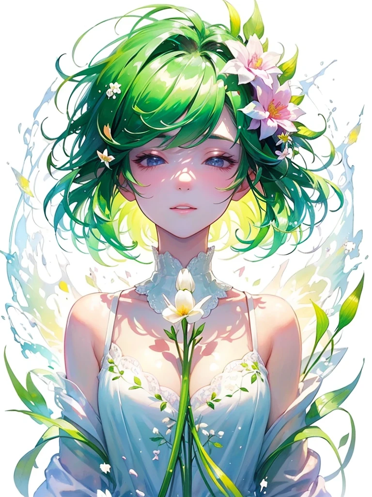 (masterpiece、Highest quality、Highest quality、Beautiful and beautiful:1.2)、Excellent anatomy、(Watercolor painting 1.5)、Long Shot、Straight short hair picture、Trendy Hair Color, Beautiful Face、I close my eyes and pray, Fairy, 蝶のFairyのコスチューム、Pure white、Pure、charm, Colorful flowers of various colors, Flowers and leaves green wind、Botanical Art, Mr.々A pose