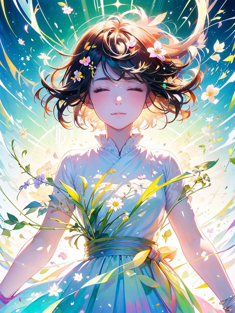 (masterpiece、Highest quality、Highest quality、Beautiful and beautiful:1.2)、Excellent anatomy、(Watercolor painting 1.5)、Long Shot、Straight short hair picture、Trendy Hair Color, Beautiful Face、I close my eyes and pray, Fairy, 蝶のFairyのコスチューム、Pure white、Pure、charm, Colorful flowers of various colors, Flowers and leaves green wind、Botanical Art, Mr.々A pose