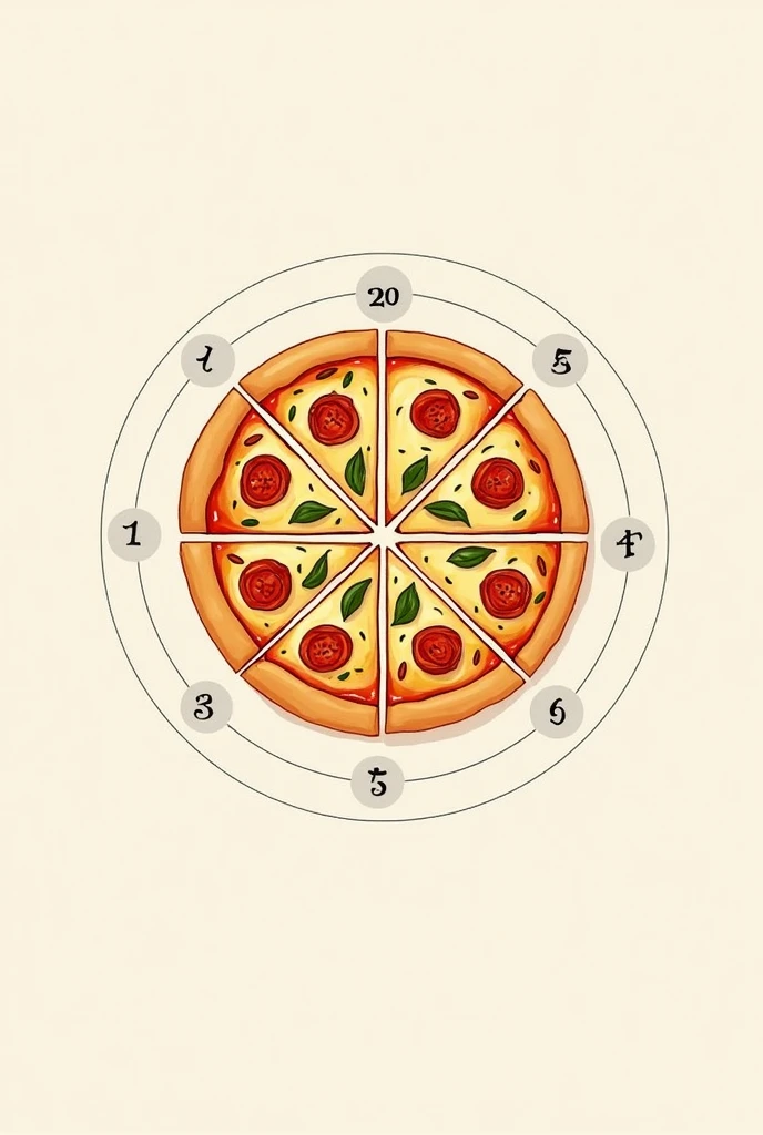 A diagram shows a pizza divided into 8 equal parts..