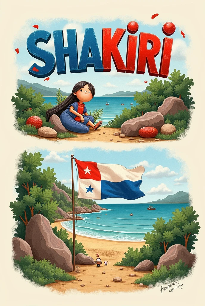 Letters that say Shakiri arrived in Panama with drawings of the Panamanian flag with a background of a landscape of a sky with dolls among us