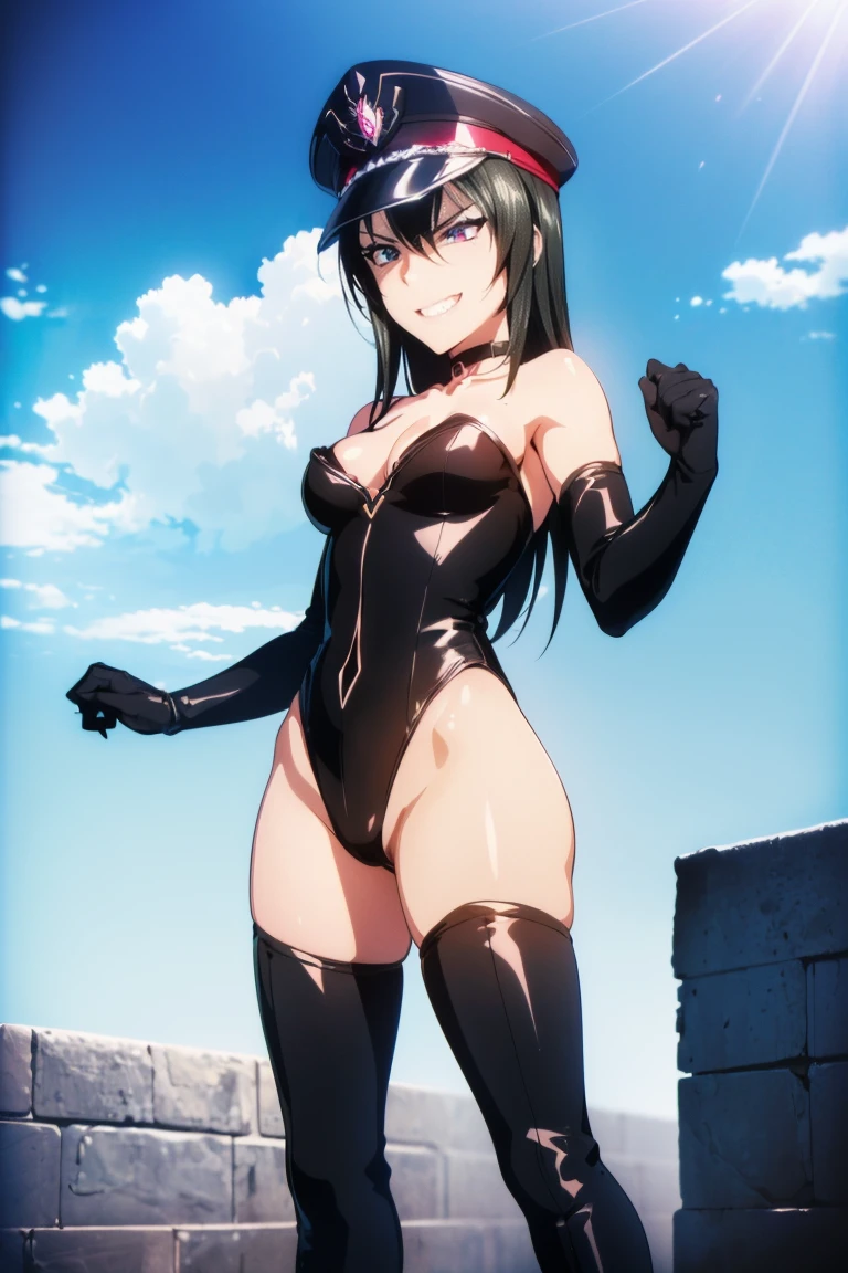 beautiful, masterpiece, ultra detailed, extremely detailed, ultra high res, 8k, beautiful detailed face, anime screencap, heart shaped face woman, (black hair:1.2), long hair, hair between eyes, large breasts, fearless face, sharp face, slant eyes, cat eyes, 170cm tall, adult, perfect proportion, (((black high-leg leotard))), (((dare shoulder))), cleavage, (((thigh boots))), choker, (((military cap))), anime style, ultra detailed beautiful face and eyes, front view, raw phot, incredibly absurdres, Beautiful portrait of cute anime girls, super fine illustration, full-hd, hdr, best aesthetic, distinct, exquisite, masterwork, by famous artist, highers, (((perfect anatomy))), mocking, (((rape face))), (((evil grin))), intense eyes, sadistic, gleaming skin, oil skin, slut face, full-face blush, smirking, mischievous grin, furrowed mouth, both legs, pouty lips, downturned corners, rosy hue, grin widely, cheeky smirk, (((bad-tempered glare))), gloating, crazy smile, scary face, cruel smile, fang, connected teeth,, (((elbow gloves))), (((big connected teeth)), glare, grimace, smirk, (((scowling face))), smile broadly, symmetrical eyes, even eyes, perfect eyes, (((squinting eyes))), deep detailed eyes, shiny clothes, 1girl, solo, smug, smile grimly, (((dimpled smile))), pink eyes, (((upper body shot and standing))), (((laugh))), (((pleasure face))), (((brutality face))), (((scary face))), (((fang))), super detailed skin, official art, production art, top quality, high quality, amazing quality, finely quality, fantastic, professional quality, perfect hands, perfect arms, both arms, two arms, both hands, two hands, cleavage cutout, bare collarbone, perfect female body, Smooth and Flawless Skin, Expressive and Captivating Eyes, Well-Defined Facial Features, Radiant and Healthy Glow, Perfectly Proportioned Face, Graceful and Symmetrical Features, Fine Details and Realistic Textures,