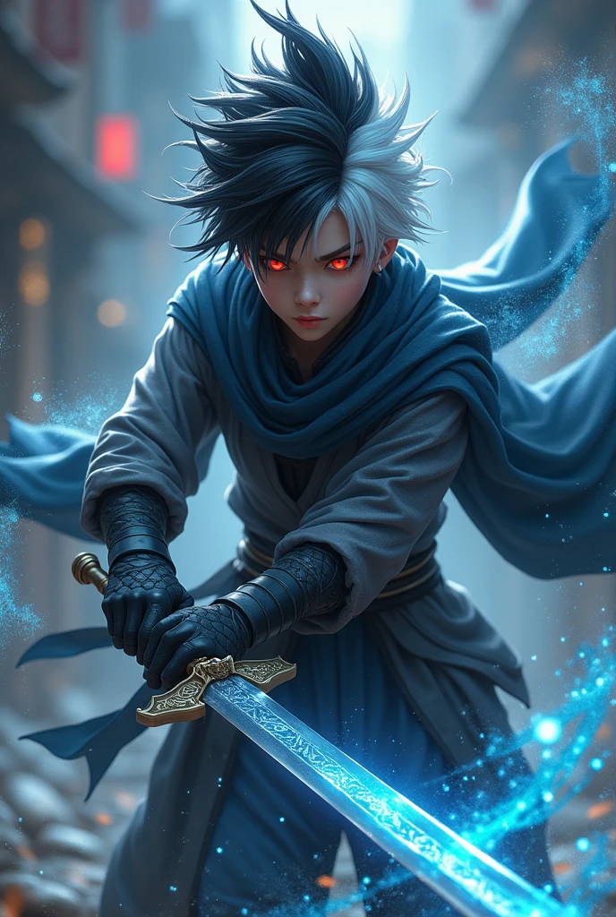 Appearance: Raiden is a tall ager with black and white hair., where black predominates at the top and white at the bottom, creating a gradient effect. Your eyes are intense red, which gives a mysterious and intimidating air. He wears a traditional ninja uniform with a combination of dark and silver tones., and wears a blue chakra cloak that enhances his elemental power. His weapon of choice is a sleek-looking sword that can channel his water techniques into devastating attacks..