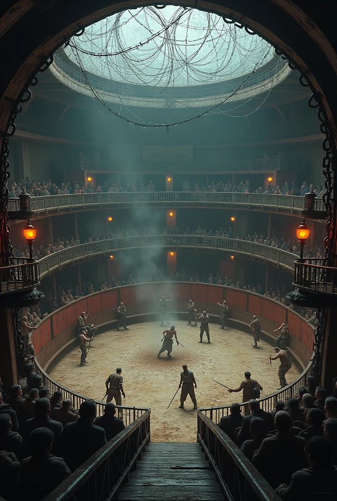 The underground underworld arena is circular, about 30 meters in diameter. Surrounded by a high metal fence, made of rusty steel and chains, which curves slightly inwards to discourage any attempt at escape. High above, a barbed wire net partially covers the top. Around the arena raised platforms were built with metal scaffolding offering a privileged view. These platforms are adorned with gas lamps, illuminating the arena and creating macabre shadows.