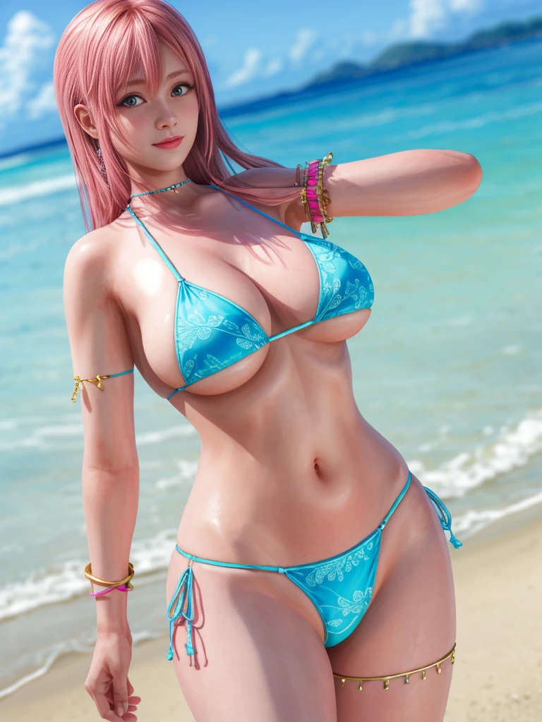 Honoka, large breasts,  wearing a sky blue bikini,  pink hair, detailed eyes, on the beach, Add to_detail:1Masterpiece, Best Quality, Super Detailed, 