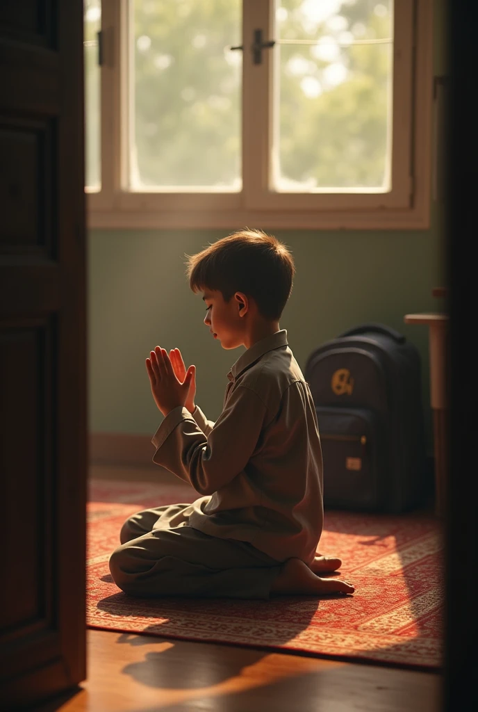 A muslim boy praying namaz in his school in uniform  