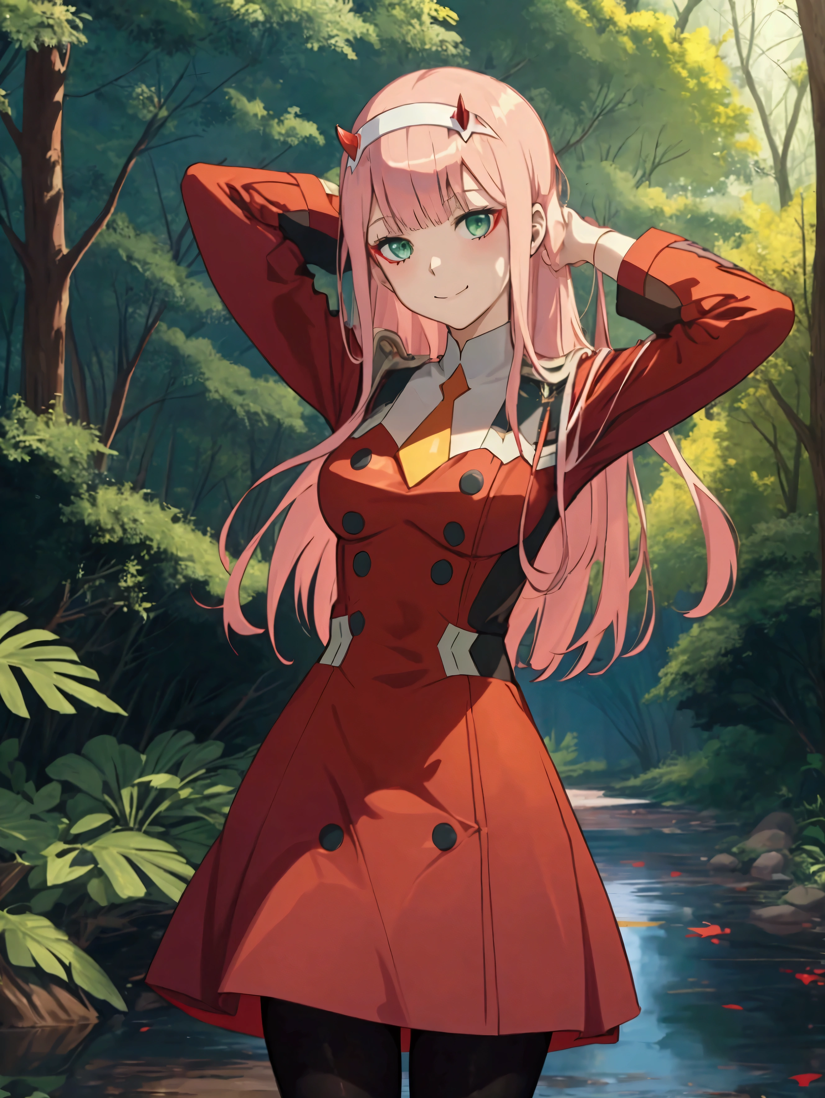 masterpiece, best qualityï¼ 1girl, solo, zero_two_\(darling_in_the_franxx\), long_hair, horns, pink_hair, pantyhose, breasts, hairband, smile, looking_at_viewer, black_pantyhose, medium_breasts, white_hairband, simple_background, arms_behind_head, arms_up, bangs, green_eyes, dress, closed_mouth, red_horns, uniform, red_dress, very_long_hair, straight_hair, standing, necktie, forest by the river