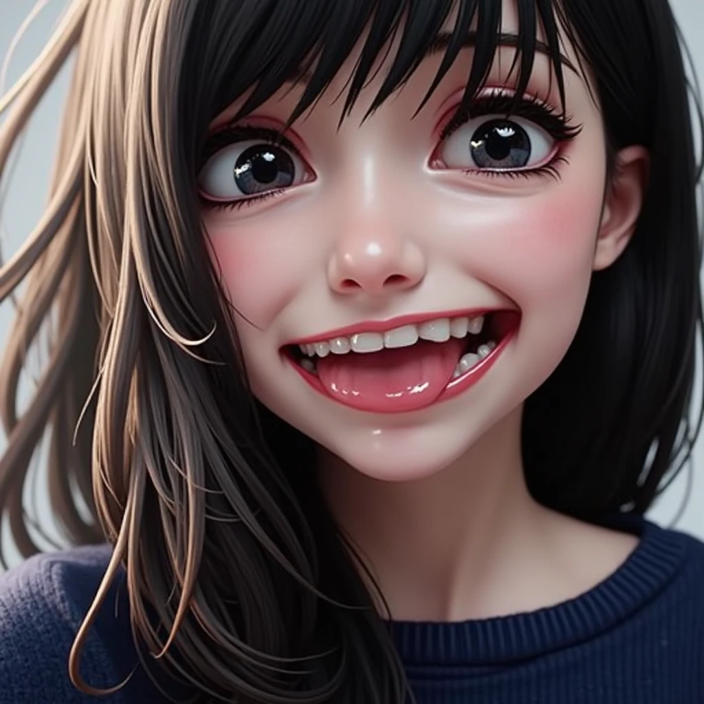 Kizi,Sit on my lap,looking at me,(Absurd big mouth,Stick out her tongue,(throat),(saliva),((heav breathing)),(uvula),(nakeness),suspending)