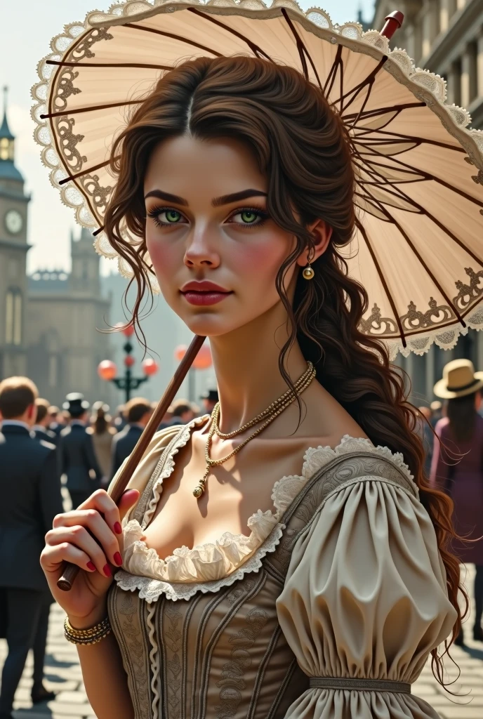 1 girl, Brown hair, green eyes, thick and slightly red lips, Hair collected, with Victorian era dress, with a parasol and a London landscape in 1880