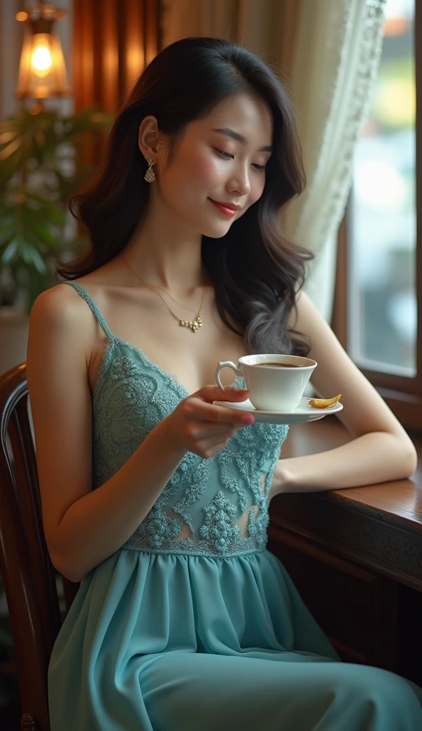 A sweet smiling Thai woman wearing a sweet blue lace long evening dress and white high heels, holding a cup of hot black coffee, sitting in a coffee shop.