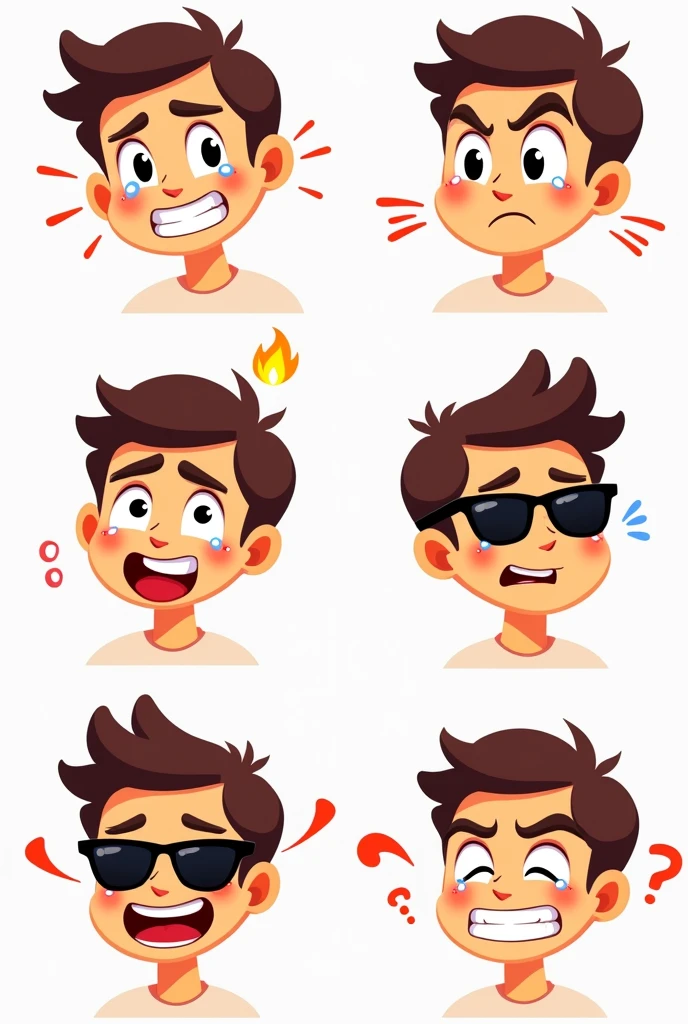 Happy/Smiling Emote: The character's face with a big, friendly smile, showing happiness.
Angry/Frustrated Emote: The character with furrowed eyebrows and a more intense expression, maybe with a small flame or red aura.
Sad/Crying Emote: The character with tears flowing, showing a sad or disappointed expression.
Surprised/Shocked Emote: The character with wide eyes and an open mouth, maybe with small exclamation marks around the head.
Cool/Confident Emote: The character with sunglasses on, a smirk, and a "cool" pose.