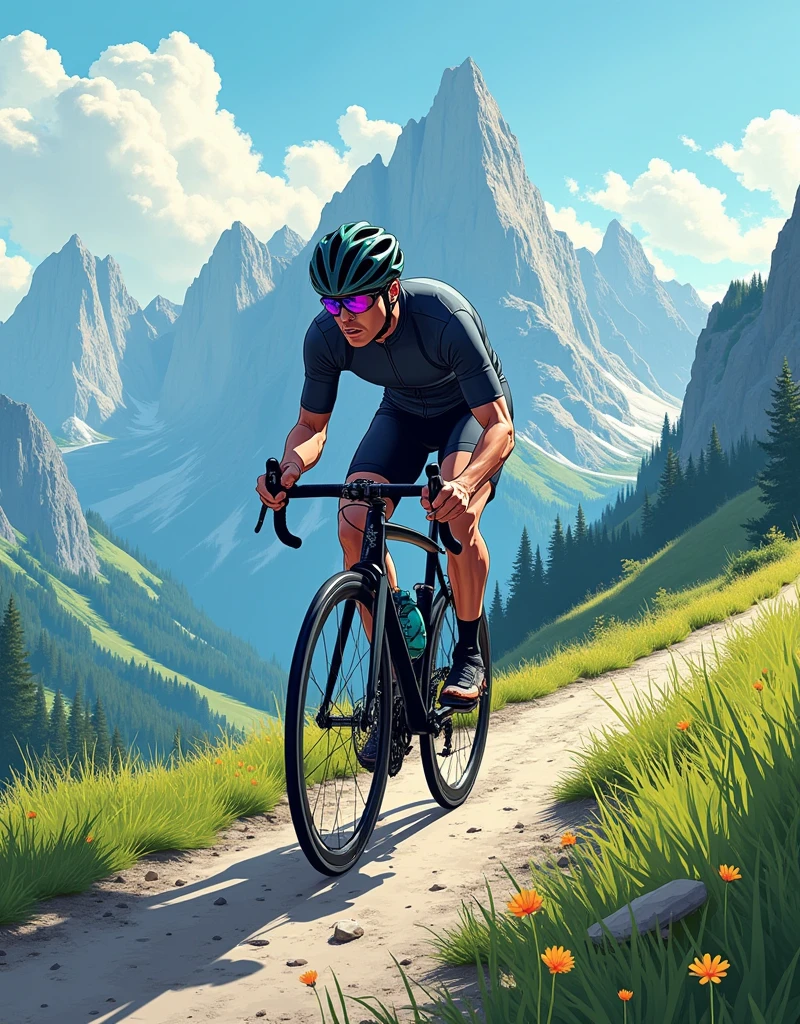 realistic comic illustration with Don Lawrence style of Road Bicycle Cycle climbing up hill ride at dolomiti track, breath taking landscape, ultrasharp, shallow depth of field