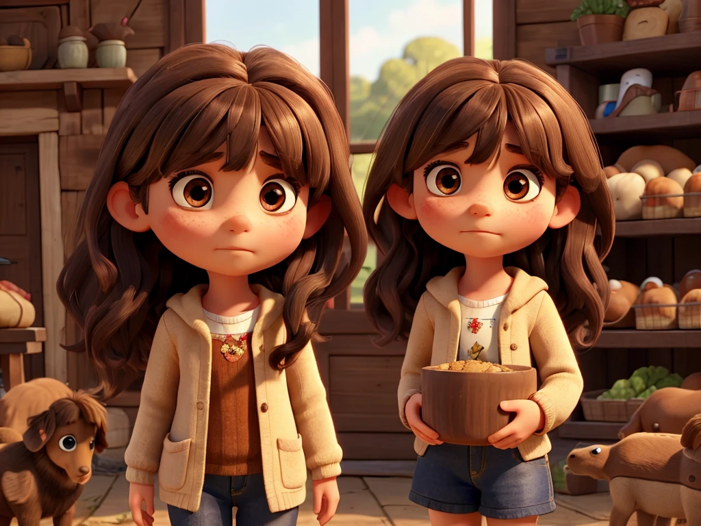 a female child with very long dark brown hair, dark shaped eyes, and bangs, is sad and worried about having to leave her friends and her farm, full of dogs, hens and chicks.