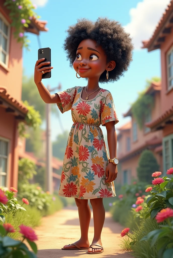 old woman 60 years old lady standing full body, looking forward features of poverty low income medium brown skin tone large bust and very thin legs, this woman is holding a cell phone in her hand and taking a selfie, her hair is short and curly, it is a type of curly, dense, very narrow spiral, woolly and frizzy 4c curl and is combed back, the woman is wearing a printed dress full of colors and flowers, with a ring on the finger of her left hand and a watch on the wrist of her left arm pixar style art 3d realistic watercolor