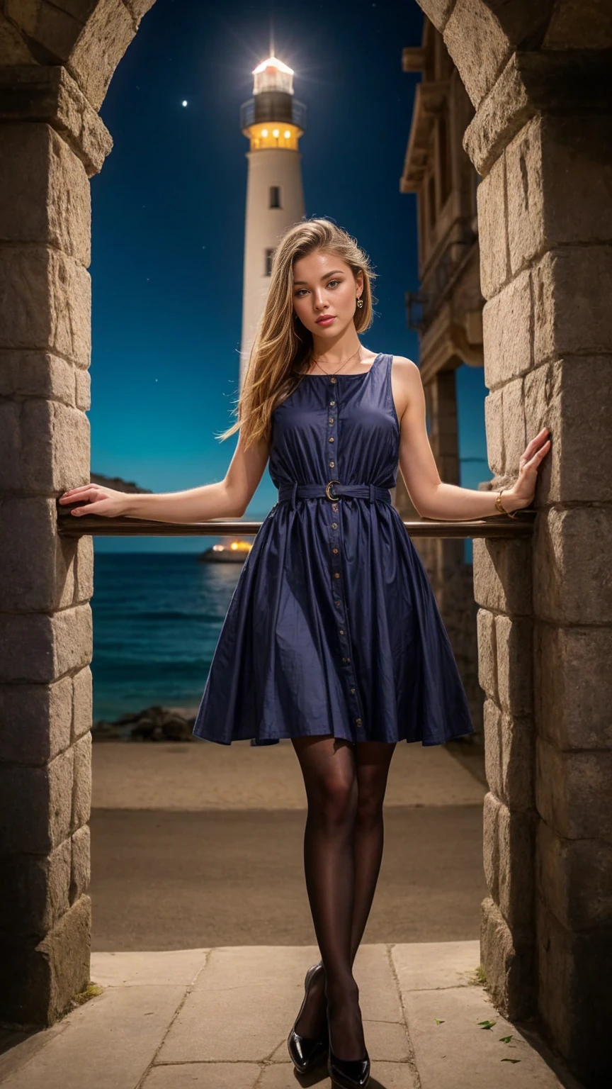 A beautiful European women, night, moon, full body, wearing Poplin dress and pantyhose. She is 24, has black braid and blue eyes. Her cloth is stylish and her overall appearance is stunning. The girl's face is extremely detailed with beautifully detailed lips. Her skin is anatomically correct with realistic textures. The image should have super high details and be of the best quality, with a resolution of 8K. The final result should be a masterpiece, showcasing the girl's beauty and the vibrant atmosphere of the Old lighthouse, sea and the night
