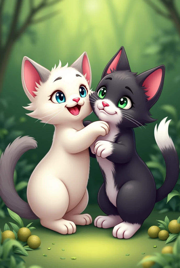 You said:
I would like a picture of my two cats playing, one is a Siamese puppy. all white with gray paws and tail , it's a gray spot on the face too, your nose is pink and your eyes are blue , the other cat is frajola , it's black , and has white paws, your belly too , your eyes are green and your nose is pink the spot on your face is white , the scenery I want green
