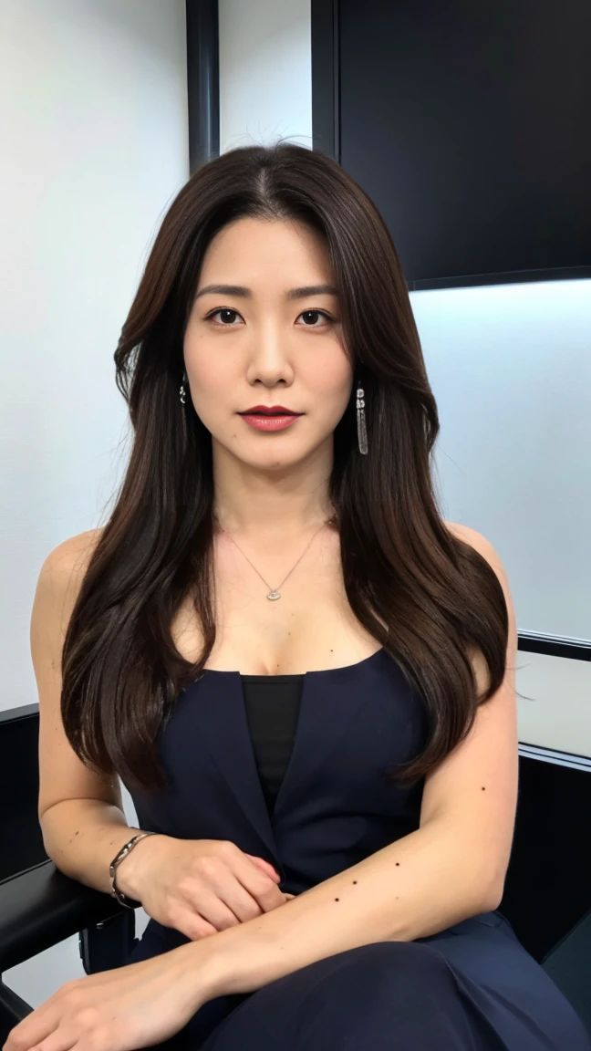 (top-quality, 16K, masterpiece:1.3), (ultra detailed), (masterpiece), (best quality), Highest quality, Realistic, surreal, Highest quality, Extremely detailed CG, Very delicate, 16K wallpaper, High resolution, A female manager working for a top company, 3, ((face, mole, beauty mark:1.5)), ((UNTITLED business suits:1.2)), ((A very simple necklace)), ((at midnight:1.5)), ((Moody lighting:1.2)), ((alone with my lover in the Japanese office in the middle of the night:1.5)), ((sitting in an office chair)), ((arched back:1.4)), Japanese, slender body, very detailed, detailed fingers, detailed hands, detailed eyes, detailed legs, accurate and perfect human anatomy, real human skin, BREAK ((upper body:1.5)), ((look into the viewer's eyes:1.5)), ((looking at viewer:1.5)), ((Front view:1.5)), ((from front:1.5)),