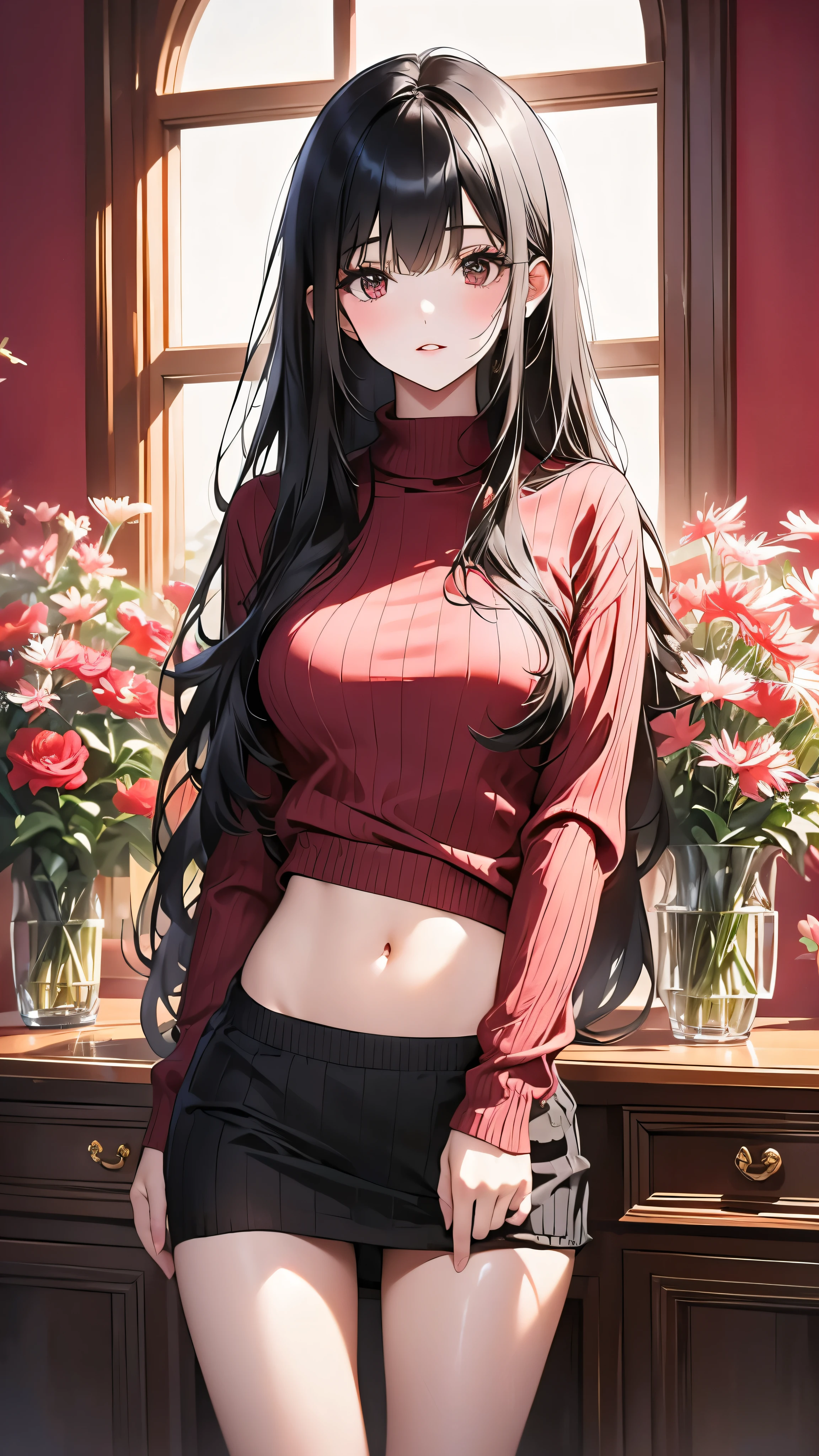 A beautiful girl with long black hair wearing a pink ribbed sweater lifting her sweater slightly, revealing her navel and black panties, standing in front of a vase of red roses and spider lilies, looking directly at the viewer with parted lips