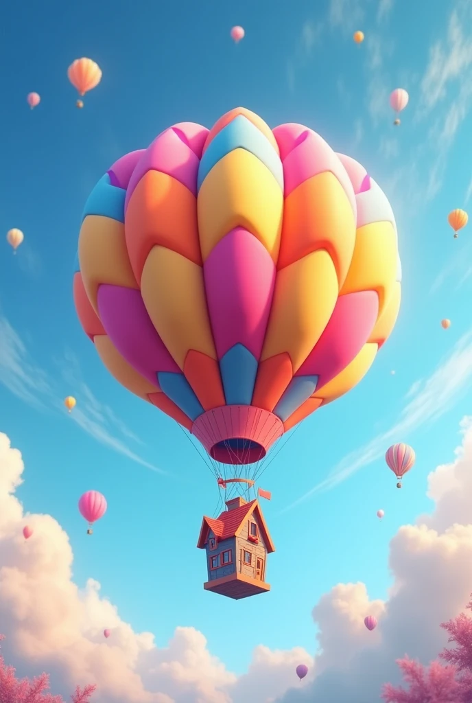 A colorful hot air balloon in the shape of a large flower or sphere, floating in a blue sky with clouds. The balloon is made up of various bright colors including pink, yellow, blue, and orange. The basket of the balloon appears to be a small house or structure with windows and details. There are smaller balloons or objects floating around the main balloon.