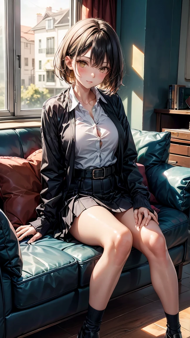 
"A 30 year old woman with short hair, white and smooth, and intense yellow eyes. She is wearing a more mature outfit: a black long sleeve button down shirt, a black mini skirt, a black belt, and black tights that cover her toned legs all the way down to her feet. The woman is in the living room of a modern house, with an expression mixed with mystery and coldness. The surrounding environment is cozy and sophisticated, with modern furniture in neutral tones, a large window that lets in soft light, and an elegant sofa where she is sitting, your hands resting on the arm of the sofa."
