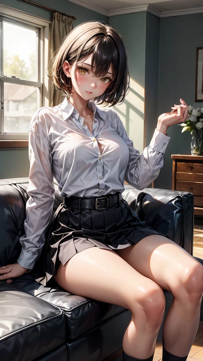 (sexual harassment), { 1girl solo, young office lady, 24yo, in the company office, (sitting on a table), (legs spread wide:1.3), (revealing crotch), (focus on crotch, low angle:1.4) }, {   }, { the girl is (grabbing a breast:1.2), (touching crotch), squeeze breasts }, { (masterpiece:1.3), (best quality:1.3), (intricate details:0), (photo realistic:1.6), (8K resolution:1.4) }, { (blushed face:1), (weeping:1.2), (frowning:1.1), (scared:0), (afraid:1.1), (ashamed:1.6), ((look away from camera, turn head away from viewer):1.4) }, { shallow depth of field, (cinematic lighting:1.4), (soft diffused lighting:1.8) }, { shiny skin, slender body }, { ((see-through blouse)), skirt, pantyhose, pubic hair }