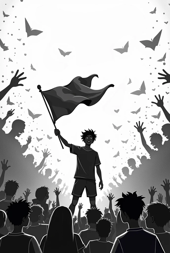 I need a drawing of an organized fan club, preferably black and white., I don&#39;t want a stadium, but it would be cool to have someone waving a flag on a small flagpole, I need it for the background of a t-shirt mockup, I don&#39;t want it to be so realistic and I want it with more elements, zoom out a bit


