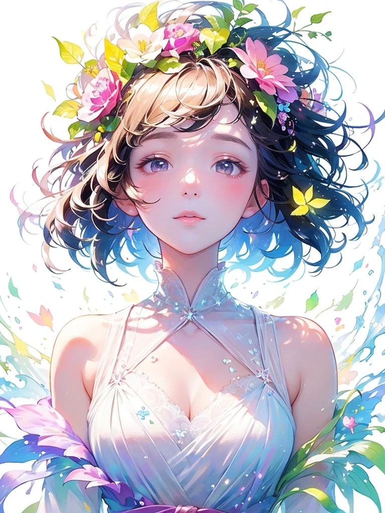 (masterpiece、Highest quality、Highest quality、Beautiful and beautiful:1.2)、Excellent anatomy、（Watercolor painting 1.5）、Long Shot、straight short hair images、Trendy Hair Color, Beautiful Face、Beautiful profile, Looking up to the sky, I close my eyes and pray, Fairy, 蝶のFairyのコスチューム、Pure white、Pure、charm, Colorful flowers of different colors, Flower and leaf wind、Botanical Art,