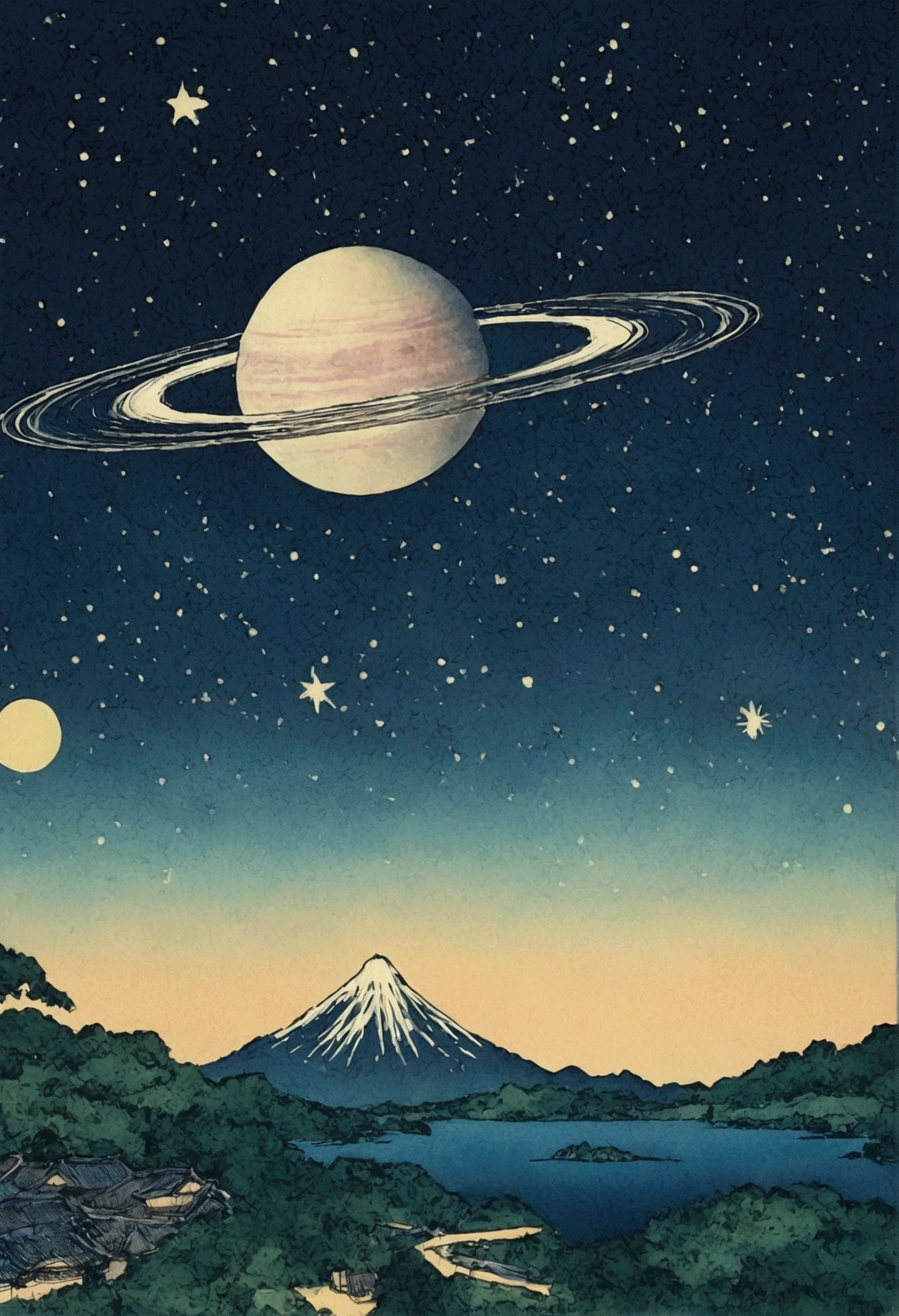 Saturn in the night sky、shooting star