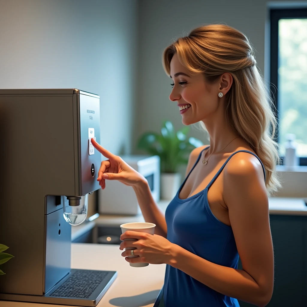 woman using an automatic water dispenser machine clicking with 1 finger full hd max realistic image she is standing holding a cup she is happy and wearing a blue tank top