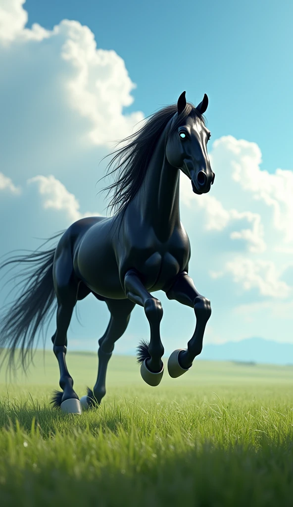 black horse with 8 legs riding in an open field, he must have 8 legs