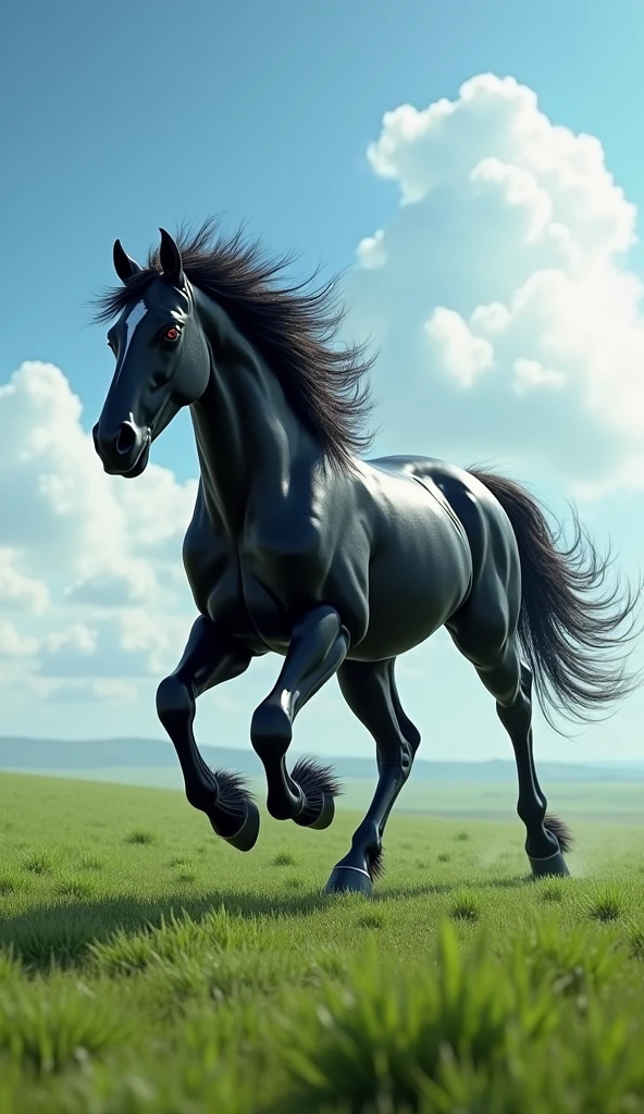 black horse with 8 legs riding in an open field, he must have 8 legs 