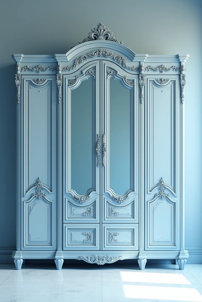 work of art, best qualityer, high resolution. Six-door wardrobe, with mirror on two center doors, In blue and white colors.